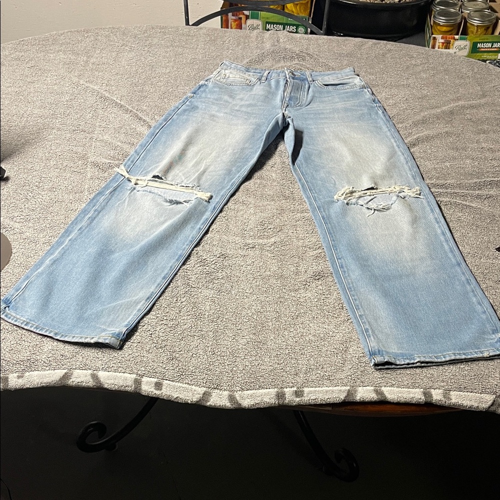 Forever 21 Washed Light Blue Distressed Wide-Leg Jeans